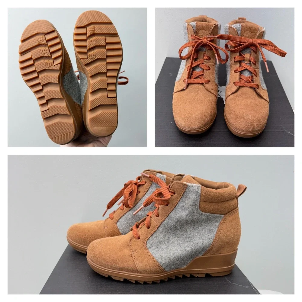 Sorel Evie Brown Suede Grey Felt Lace Up Wedge Ankle Booties Women's 7